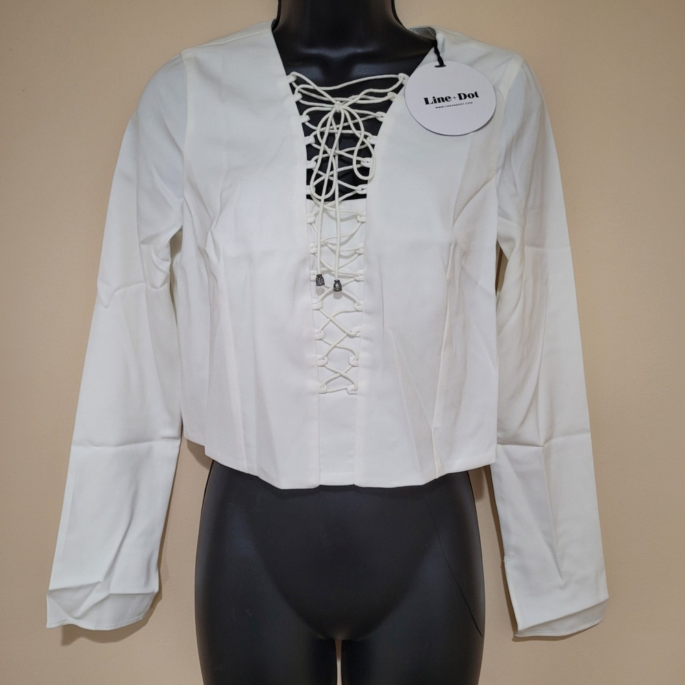 Line Dot Womens Lace Up Cropped Top Long Sleeve White Size L evening college new
